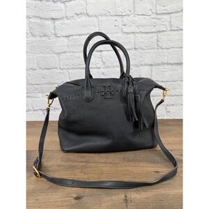 Tory Burch Black Pebbled Leather Satchel Crossbody Bag Gold Hardware Tassel Logo